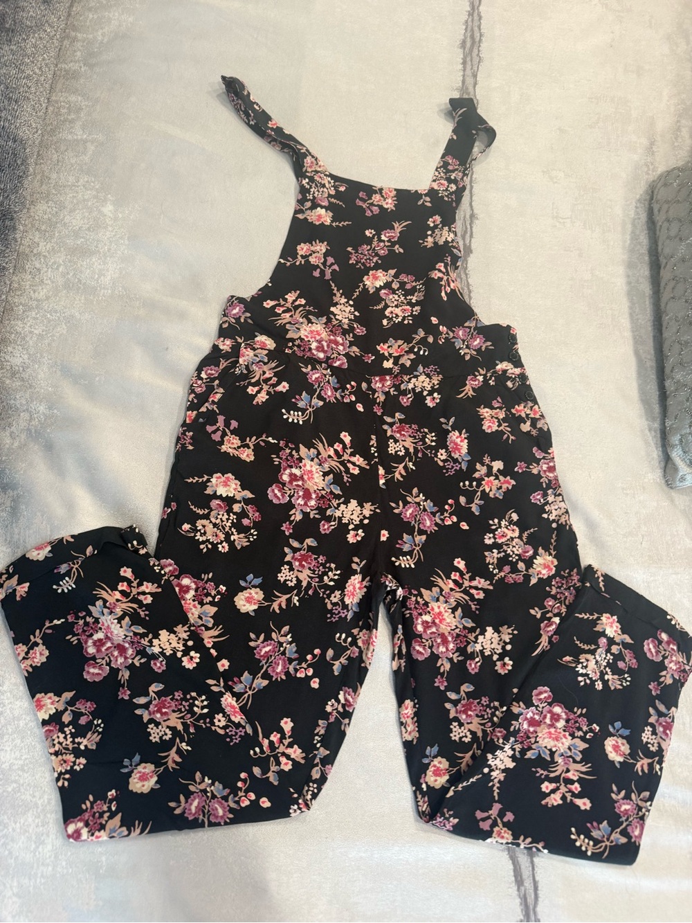 American Rag Black Floral Jumpsuit with Pink and Cream Flowers